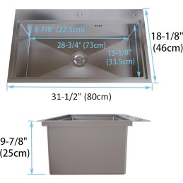 MEJE Fregadero de cocina de 80 x 46 cm, cuenco individual de acero inoxidable con tabla de cortar, rejilla y colador, color gris