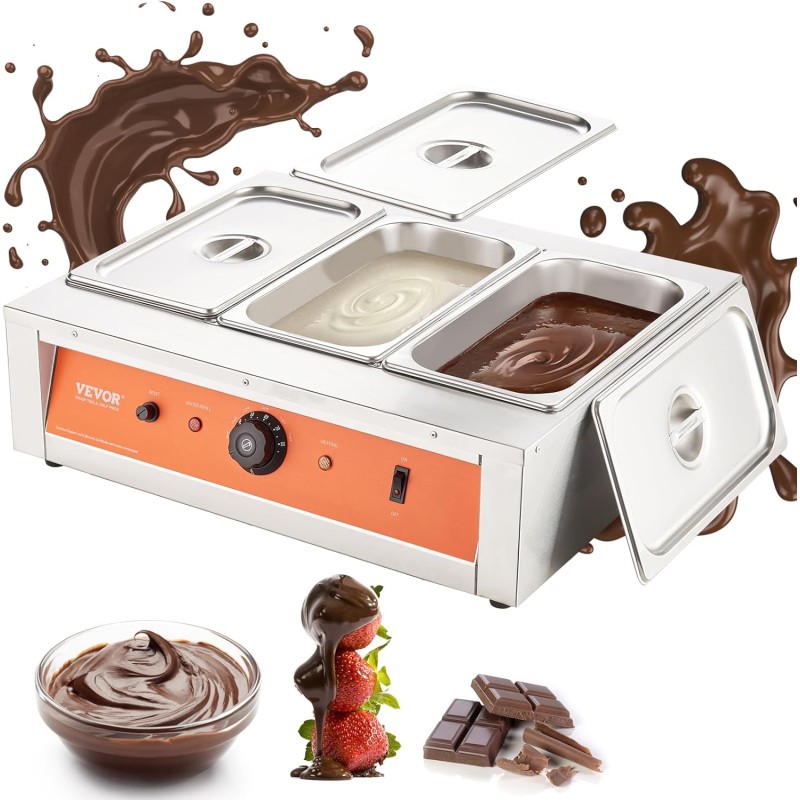 VEVOR Temperador de Chocolate Comercial 1500 W Baño María Eléctrico 3 x 3,3 L Fundidor de Chocolate