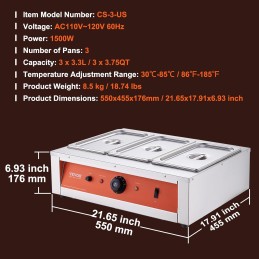 VEVOR Temperador de Chocolate Comercial 1500 W Baño María Eléctrico 3 x 3,3 L Fundidor de Chocolate