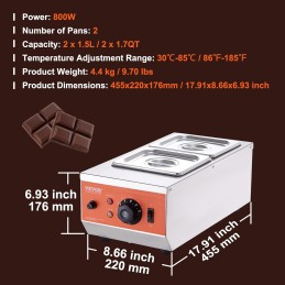 VEVOR Fundidor de Chocolate 800W 2 x 1,5 L