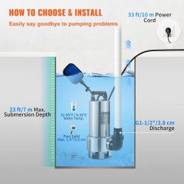 VEVOR Bomba Sumergible de Aguas Residuales 1300W 1,75HP Bomba de Agua Sumergible Flujo Máximo de 333,3L/min