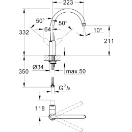 Grohe BauEdge - Grifo de cocina monomando para instalación en un solo agujero con caño alto giratorio en un ángulo de 360°